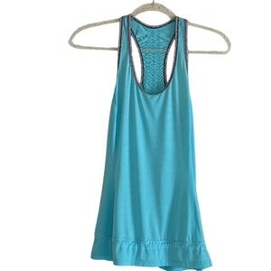 Lululemon Racerback Tank Top Turquoise Striped Ruched Back Adjustable Hem Size 6
